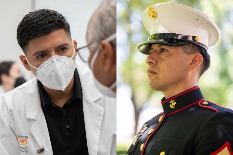 PharmD student in military uniform and PharmD student interacting with a patient at a health care clinic